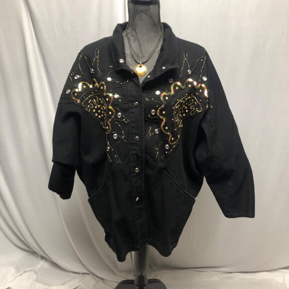 Pado California Embellished Black Denim Jacket Womens Medium-Large Vintage 80s - Picture 1 of 7